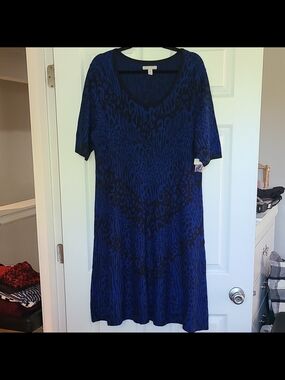 Dana Buchman Blue/Black Animal Print Knit A-Line Knee Dress XL 3/4 Scoop